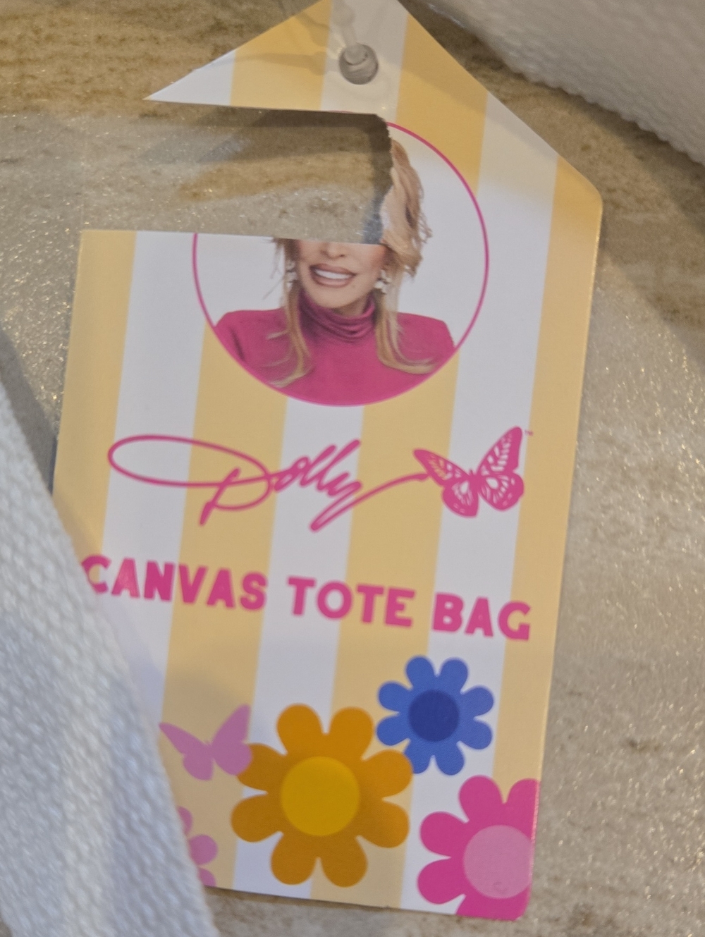New Dolly Parton Pink Striped "I Love Dolly" Canvas Tote Bag - Picture 3 of 5